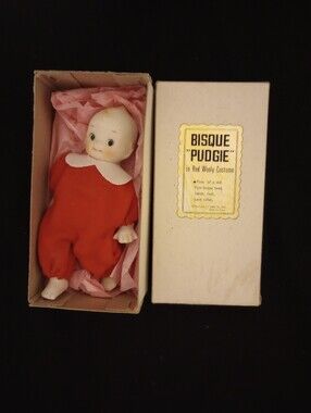 Vintage Bisque 5" Pudgie Baby Doll in Red Costume In Original Box Made In Japan